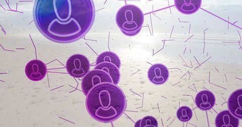 Connecting purple network avatars floating over minimalist seascape for digital connectivity