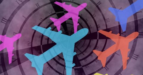 Colorful Airplane Silhouettes Over Time Spiral