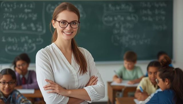 Confident female teacher engaging classroom group
