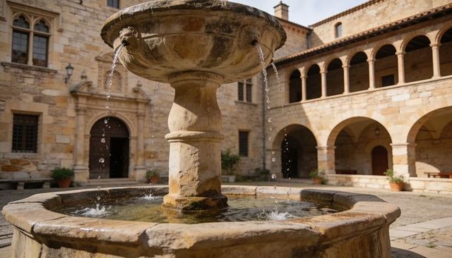 Sunlit weathered stone fountain pouring water in historic courtyard with arched colonnade