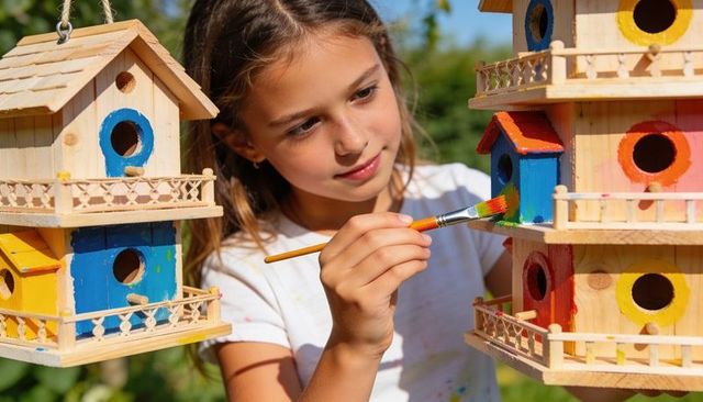 Young girl painting colorful wooden birdhouses in sunny backyard craft activity