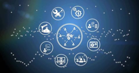 Central network hub connecting users and tools on blue tech background for smart workflows