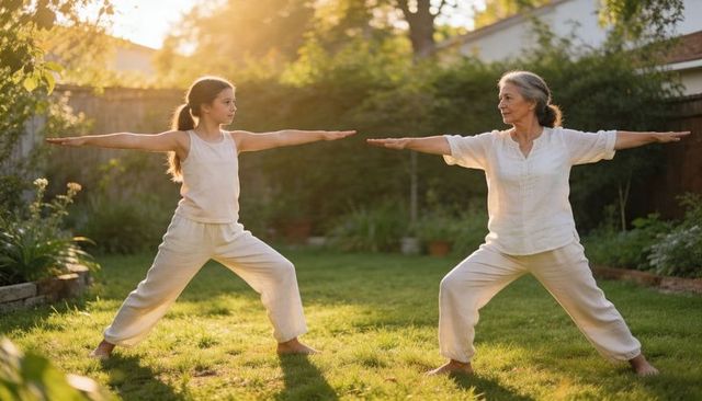 Grandmother and granddaughter practicing yoga together in sunlit backyard garden at golden hour