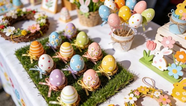 Pastel Easter eggs arranged on grass mat at craft market with wicker nests and floral ribbons