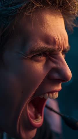 Streamer Shouting Into Headset Mic Reacting to Game Alert Vertical Video Intense Emotion