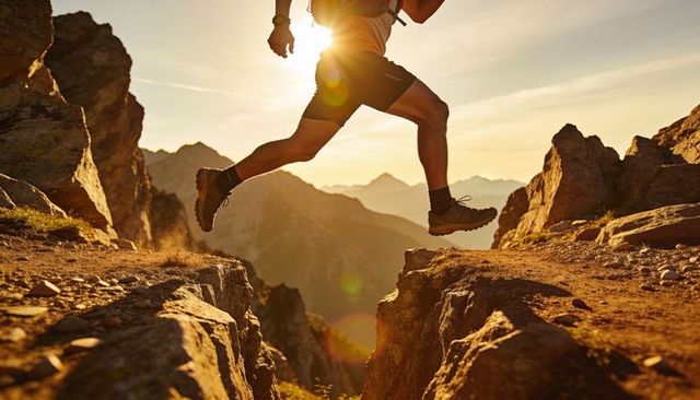 Trail runner leaping across rocky gap on mountain ridge at golden hour