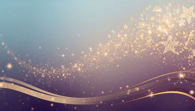 Golden star trail with ribbon waves on purple teal gradient for festive holiday design