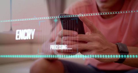 Man holding smartphone and tapping screen wearing smartwatch showing holographic encryption