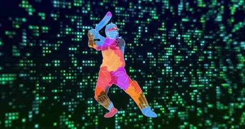 Neon cricket batsman silhouette hitting in digital pixel grid, vibrant sports tech illustration