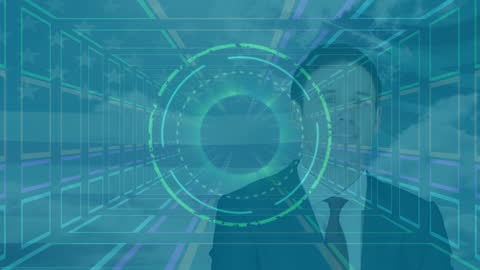 Businessman in Futuristic Digital Network Interface