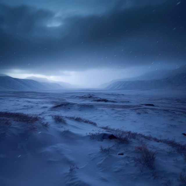 Snow covered plain stretches into distance under a moody, darkening sky. Cold, tranquil dismissments of frosty wilderness creates a serene atmosphere, ideal for themes of isolation, tranquility, nature, and cold weather. Great for backgrounds, environmental studies, and seasonal greetings.