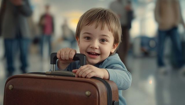 Joyful Toddler at Airport with Suitcase in Hands