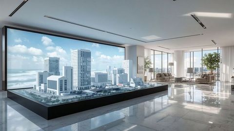 Luxury penthouse interior with city scale model and panoramic views