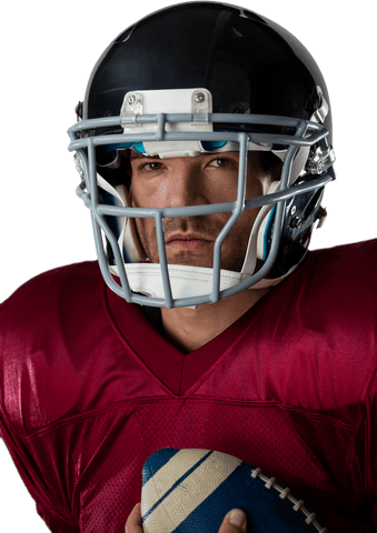 Transparent american football player wearing helmet holding ball