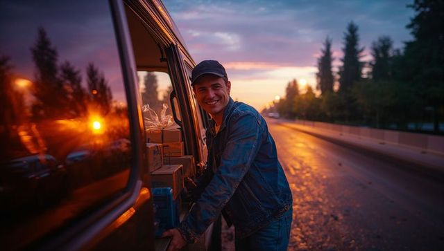 Smiling courier unloading van at dusk on scenic suburban road