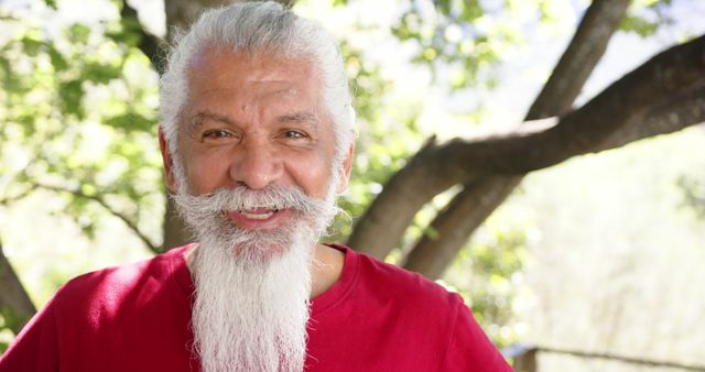 Portrait of happy senior biracial man with white beard in sunny nature, copy space, slow motion. Summer, retirement, wellbeing and healthy senior lifestyle, unaltered.