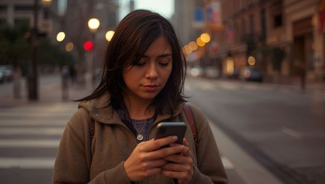 Young woman checking smartphone at dusk crosswalk with city bokeh lights and backpack