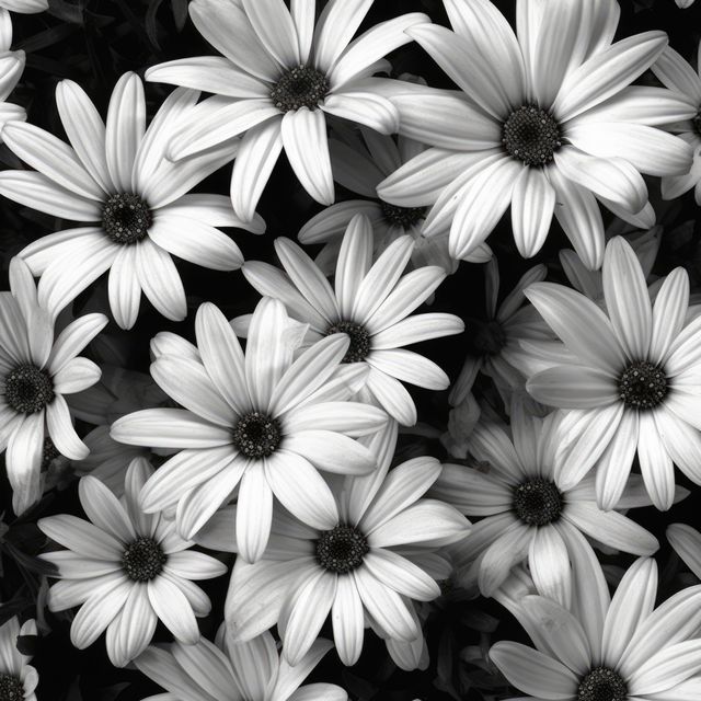 White daisy flowers in black and white on black background, created using generative ai technology. Daisy, flower, pattern, nature in black and white concept digitally generated image.