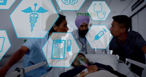 Diverse medical team in hospital with transparent icon overlay