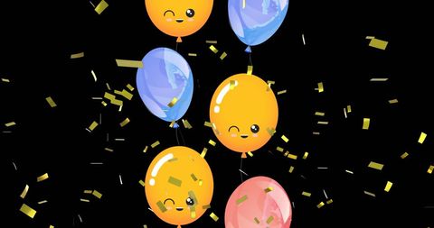 Colorful Balloons with Falling Confetti on Black Background