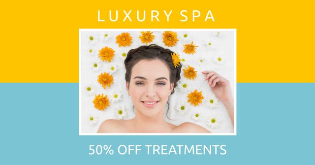Capture the soothing elegance of a luxury spa promotion with this serene image. Featuring a woman surrounded by vibrant flowers, the photo highlights the tranquility and relaxation associated with high-end spa treatments. Perfect for marketing materials, advertisements, or social media campaigns for spas, wellness centers, and beauty services, emphasizing special discount offerings and self-care.
