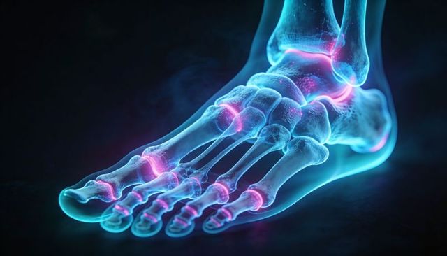 Glowing 3D Foot Skeleton with Highlighted Joints Showing Phalanges Ankle Anatomy