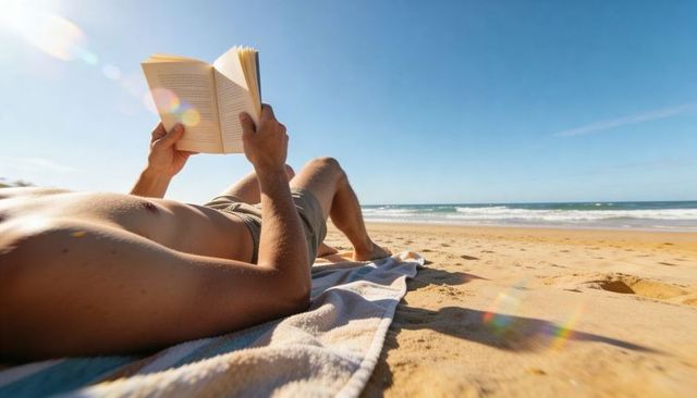 Male sunbathing and reading paperback on sandy beach with towel, ocean horizon, bright sun