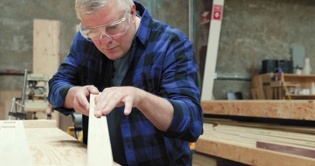 Experienced Carpenter Wearing Safety Glasses Focusing on Woodwork in Workshop - Download Free Stock Images Pikwizard.com