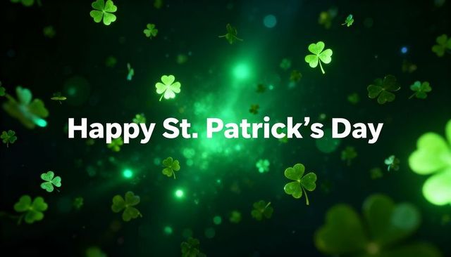 Green glowing shamrocks and bold white text happy st. Patrick's day neon bokeh background