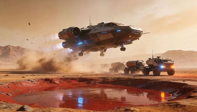 Hovering Transport Starship Over Red Desert Colony with Armored Rovers Approaching