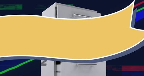 Modern white filing cabinet with futuristic digital backdrop