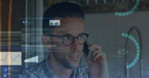Man Analyzing Financial Data on Smartphone in Digital Overlay