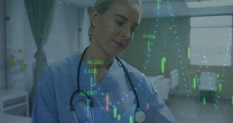 Nurse Analyzing Digital Health Data in Modern Clinic Environment