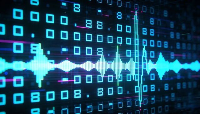 Cyan audio waveform pulsing across digital grid with neon squares and data spikes