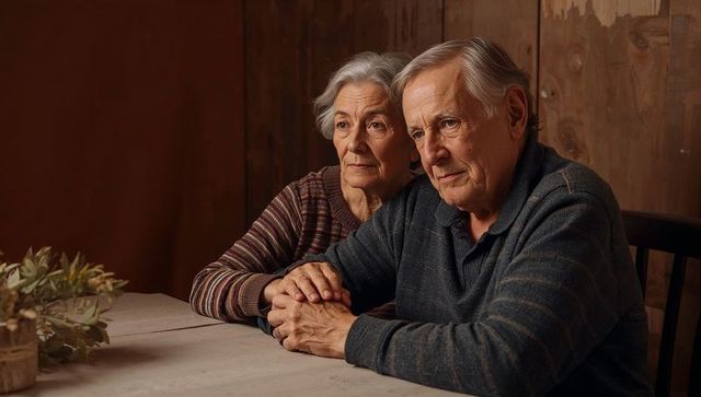Elderly couple holding hands at rustic wooden table conveying warmth and compionship