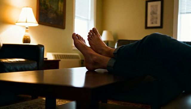 Bare feet resting on glossy wooden coffee table, man relaxing in cozy living room in rolled jeans