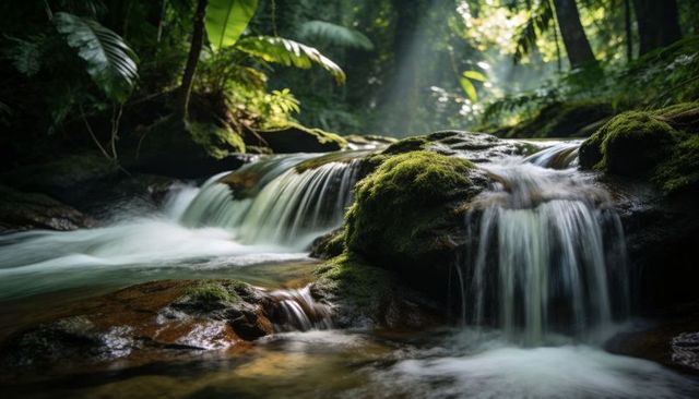 Moss-covered rocks channeling silky water cascading through sunlit tropical forest stream
