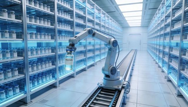 Robotic Arm Retrieving Stem Cell Vial from Automated Biobank Conveyor in Sterile Lab