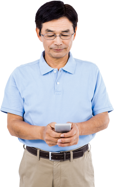 Asian man with eyeglasses using mobile phone, isolated on white background - Download Free Stock Videos Pikwizard.com