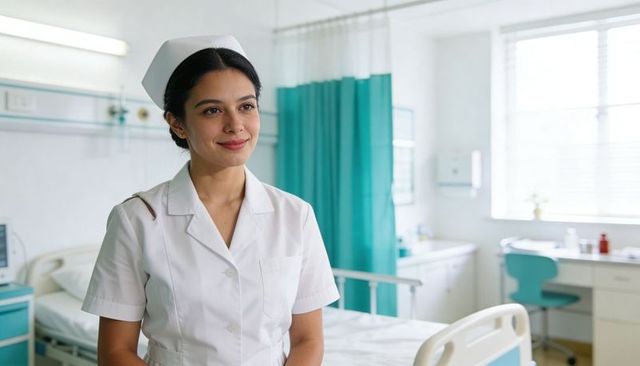 Smiling nurse in classic white uniform standing in bright hospital room with teal curtains