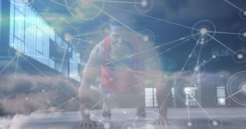 Fitness Enthusiast Performing Push-ups Within Digital Network Visualization