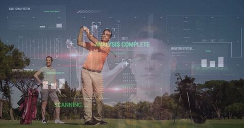 Golfer analyzing swing with high-tech hud on vibrant fairway