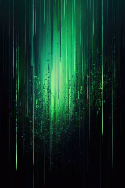 Glowing green interference lines and lights on black, created using generative ai technology. Visual distortion and data technology abstract background concept digitally generated image.