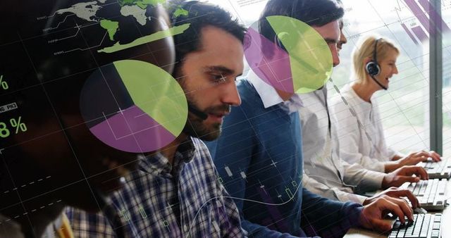 Call center agents working with technology overlays