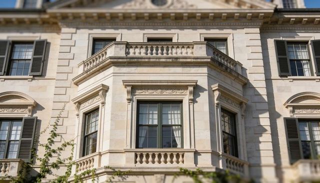 Showcasing classical limestone facade with three-sided bay windows and balustrade