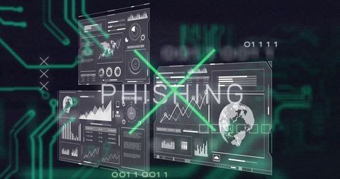 Blocking Phishing Threat with Neon Green X Over Floating Cyber Dashboards and Analytics