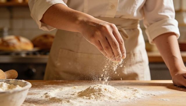 Artisan baker sprinkling flour on wooden counter preparing dough in rustic kitchen