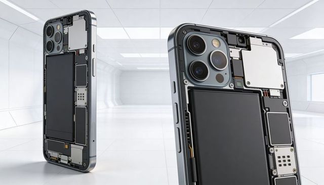 Smartphone internals revealing triple camera, battery pack and pcb in futuristic clean lab