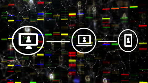 Digital Data Processing Interface with Geometric Icons on Dark Background