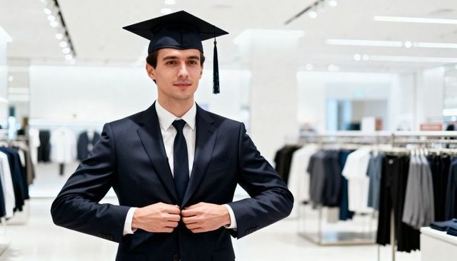 Buttoning graduate wearing mortarboard and suit in modern retail store launching career